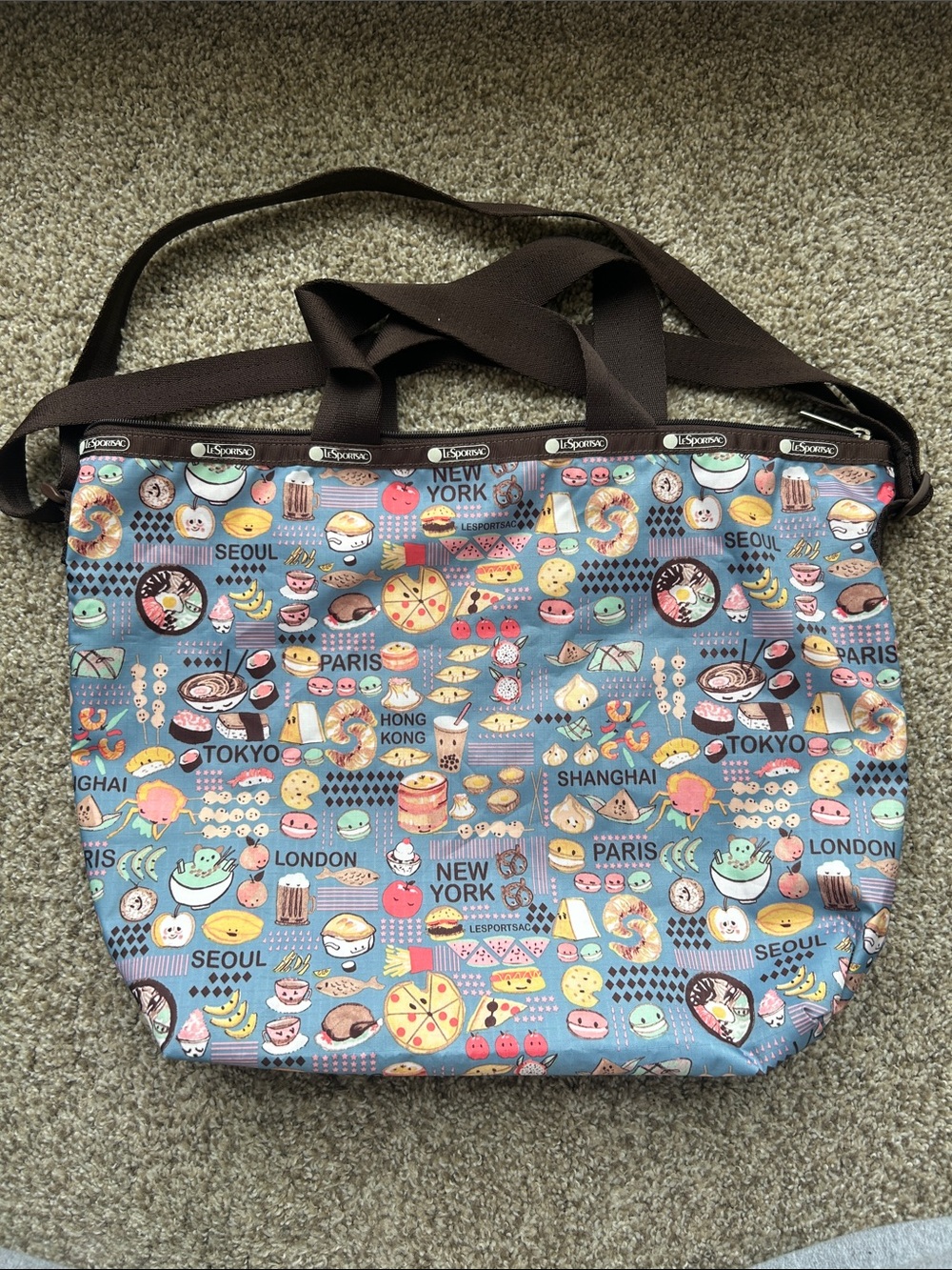 LeSportsac deluxe easy carry Blue City snack Food Print Crossbody Tote